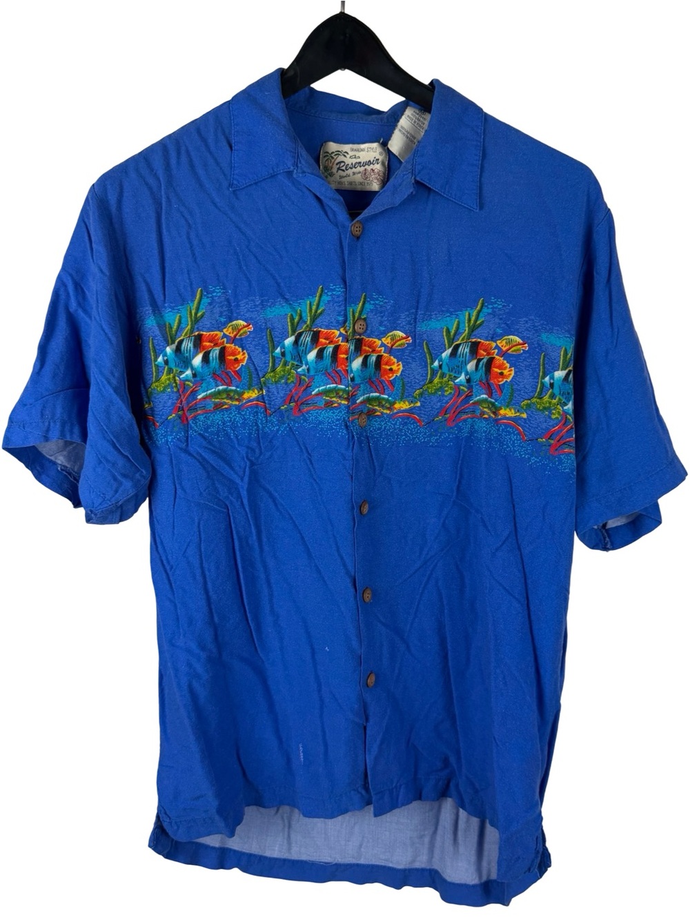 Vintage 90s Reservoir Hawaii Rayon Colorful Fish Blue Button Up Shirt Size M